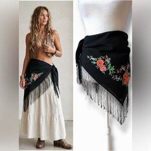 Vintage Black Floral Embroidered Fringe Piano Shawl Embroidered Fringe Boho Wrap
